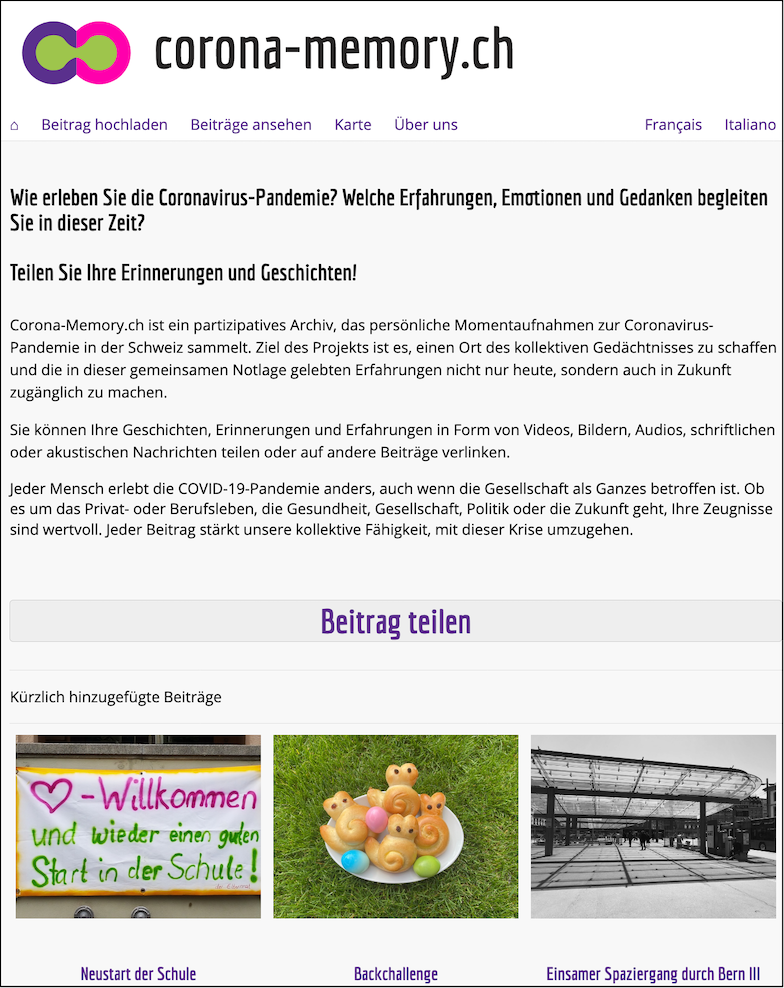 Screenshot Startseite Corona-Memory.ch